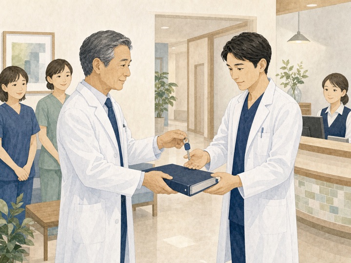 既存クリニックを先代医師から後継医師へ引き継ぐイラスト