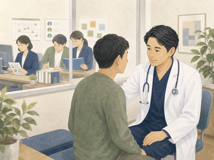 運営スタッフの支援を受けながら医師が診療に集中するイラスト