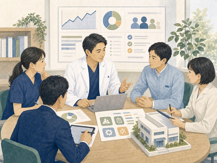 医師と運営チームがクリニックの経営数値を確認するイラスト