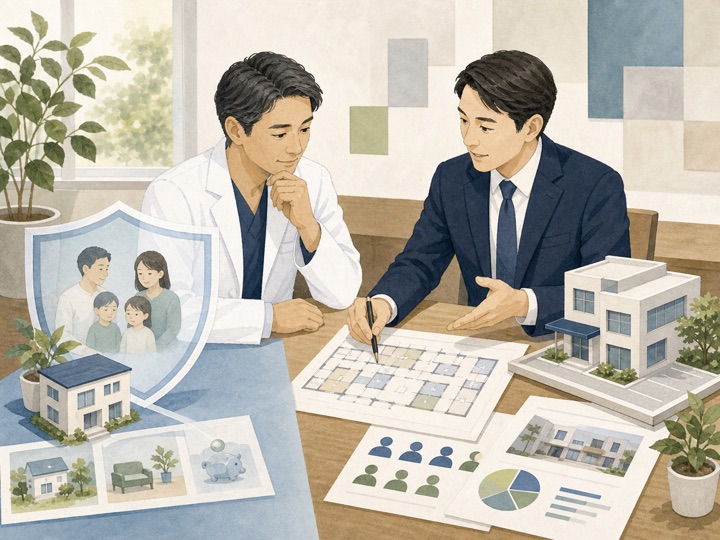 医師が承継計画とクリニック模型を専門家と確認するイラスト