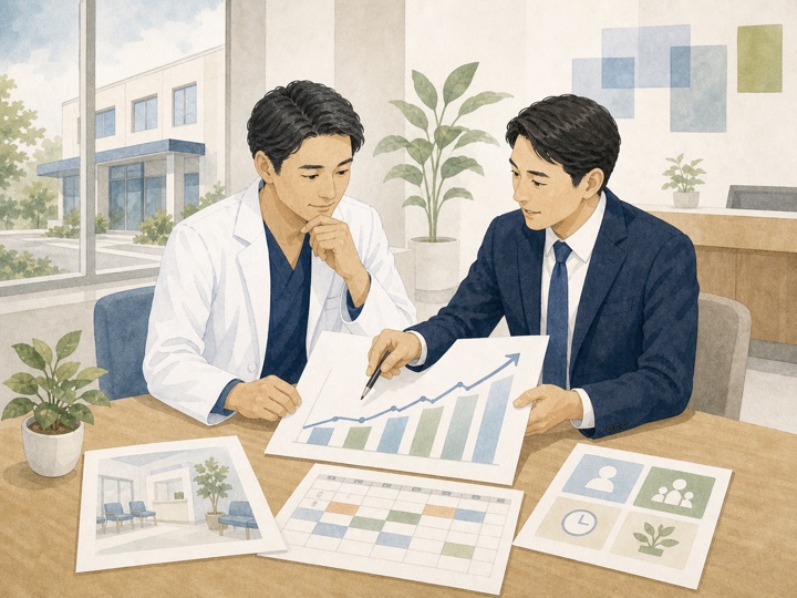 医師が事業成果の推移を専門家と確認するイラスト