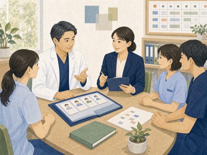 院長とスタッフが採用や勤務体制について話し合うイラスト