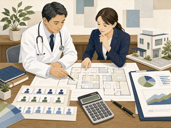 医師と専門家が収支や人員計画を設計するイラスト
