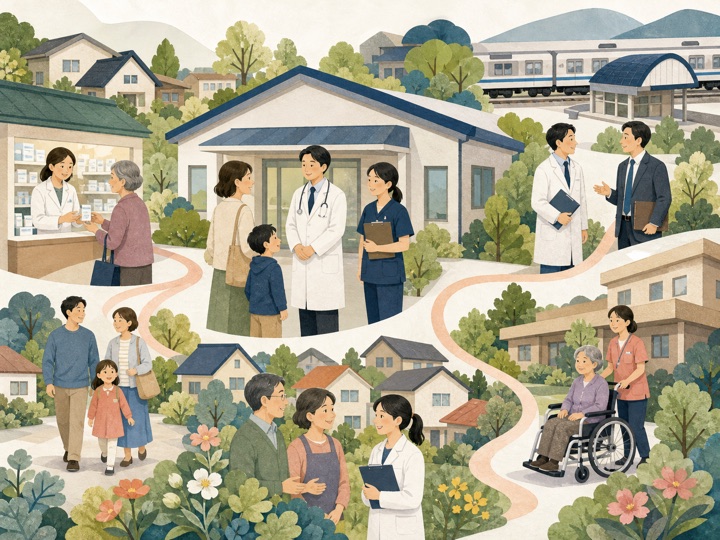 クリニックと地域住民や近隣施設をつなぐイラスト