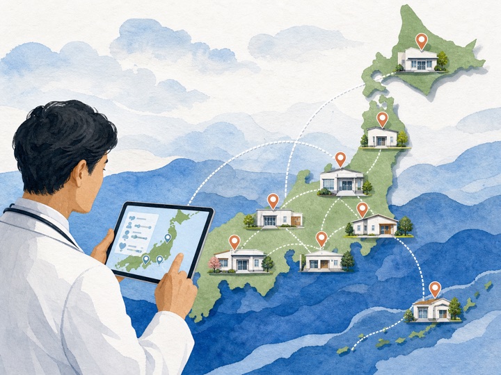 日本全国の候補クリニックを地図で確認する医師のイラスト