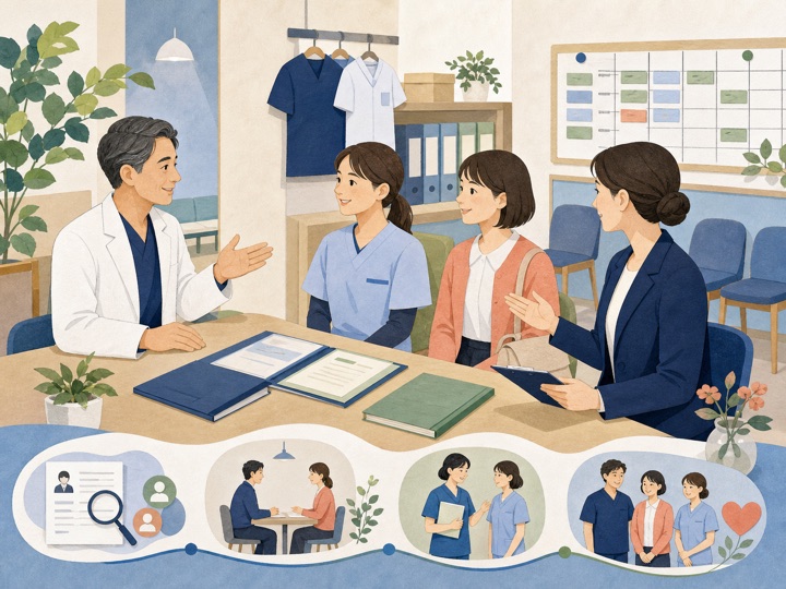 クリニックの採用面談と定着支援を表すイラスト