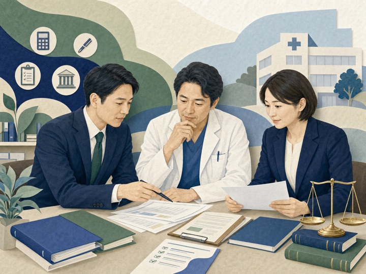 医師が税務・法務の専門家と契約書を確認するイラスト