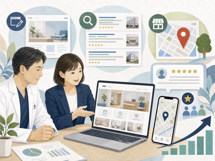 クリニックサイトと検索・地図・口コミを改善するイラスト