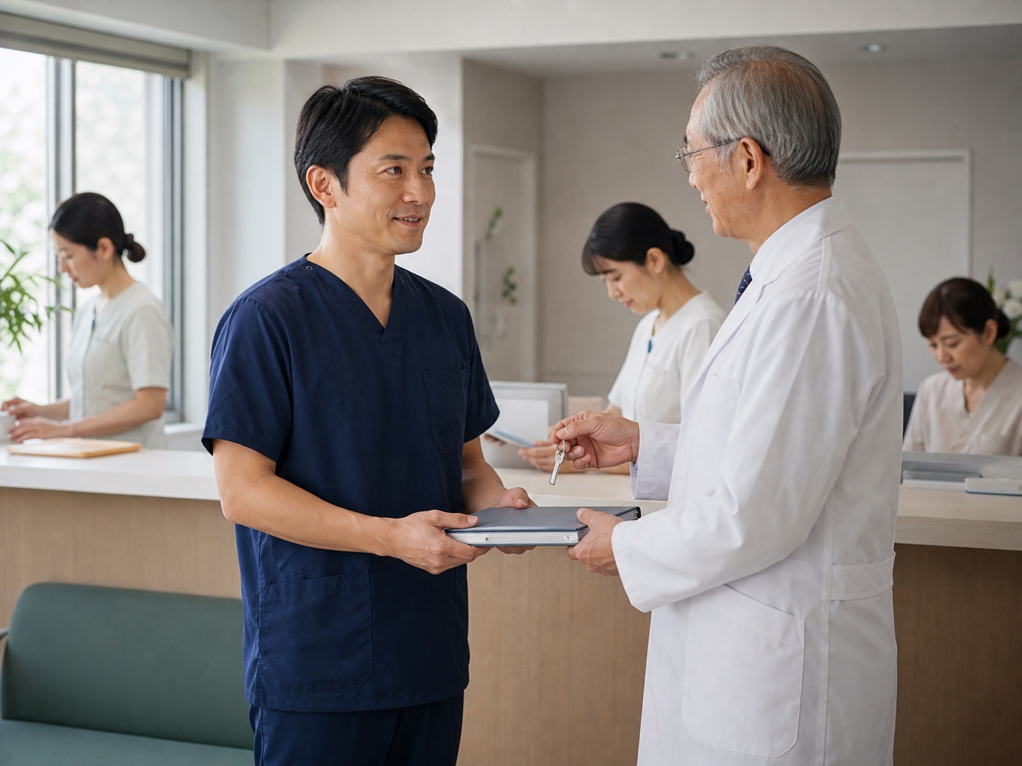 既存クリニックで先代院長から承継の鍵と資料を受け取る医師