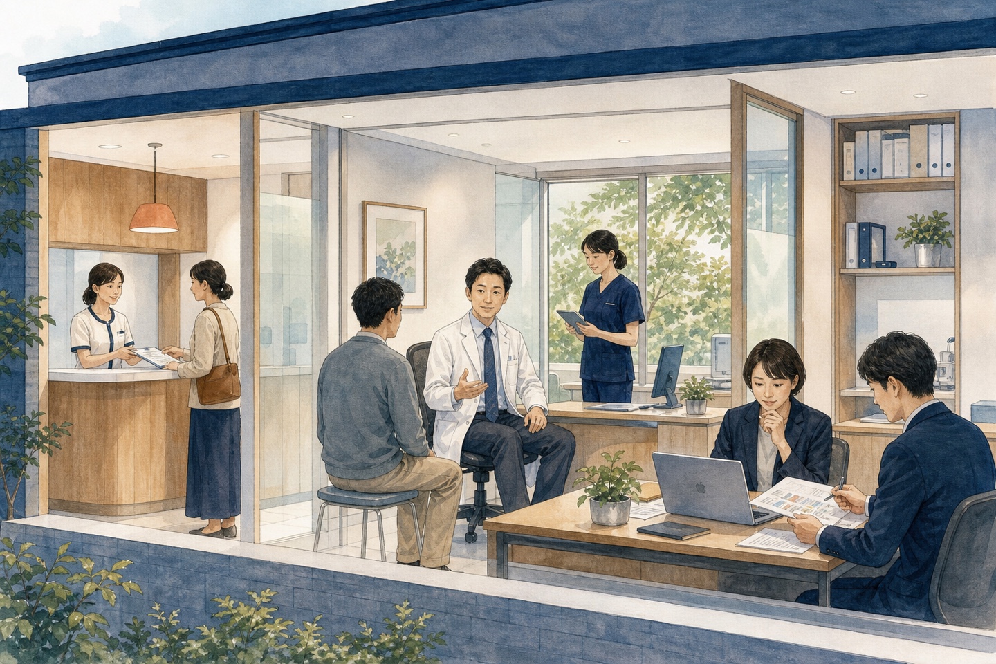 診療、受付、経営、採用、集患をチームで支えるクリニック運営のイラスト